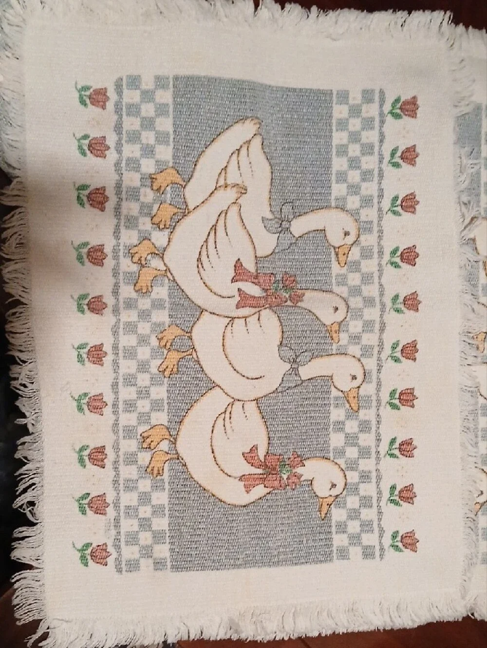 Set of Vintage Farmhouse Duck Fringe Placemats - Cream & Blue